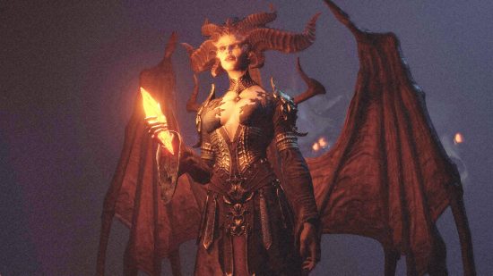 Personaje de Diablo, Lilith, una demonio con cuernos y alas sosteniendo un cristal naranja.
