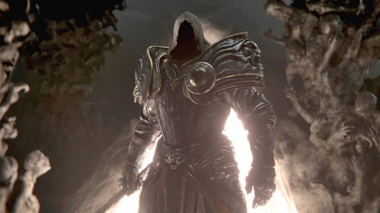 Diablo 4 Harlequin Crest: un Inarius encapuchado sosteniendo una espada está rodeado de calaveras.