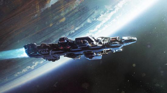 Imagen representativa de la fecha de lanzamiento de Starfield: una nave espacial que atraviesa la galaxia con un planeta en el fondo