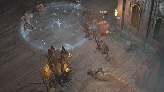 Construcción de Rogue en Diablo 4: Una figura encapuchada armada con un arco salta hacia atrás y lanza una trampa congelante a sus enemigos.