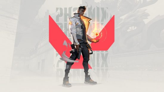 Valorant tier list: Phoenix, un agente de nivel A, frente a un fondo claro con una V roja, sosteniendo una bola de fuego sobre su mano izquierda.