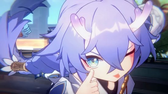 Honkai Star Rail tier list: Bailu, a cutesy young girl with a flowing purple braid and horns, pulls down her lower eyelid and sticks her tongue out at the viewer.