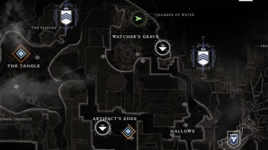 Destiny 2 mapa mostrando la ubicación de Xur en Plataforma Vigía.