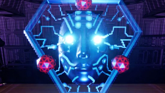 Imagen cercana de Shodan, una cara azul con brillantes ojos y circuitos alrededor formando un triángulo.