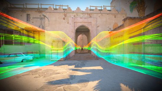 Mapas de Counter-Strike 2: Dust 2 en B Long con rayas arcoíris saliendo del túnel
