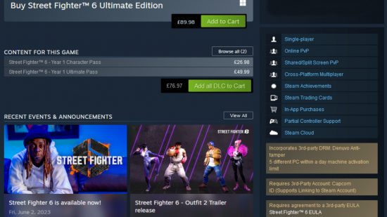Juegos sin DRM en Steam: la página de la tienda de Steam de Street Fighter 6, mostrando el requisito de DRM de terceros Denuvo del juego.