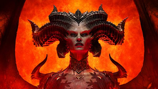 Error de controladores desactualizados en Diablo 4: Lilith, antagonista de Diablo 4, se presenta contra un fondo ardiente