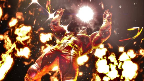 Zangief apunta al cielo mientras las explosiones estallan detrás, haciendo una entrada dramática en la lucha por el primer lugar en la lista de niveles de Street Fighter 6.