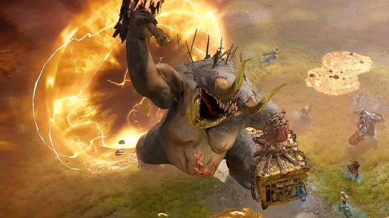 Diablo 4 crossplay: un gran monstruo toma un gran golpe a un grupo de jugadores de Diablo 4