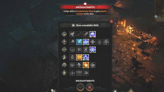 La lista de habilidades del hechicero, mostrando dos espacios de encantamiento del Diablo 4 y los iconos de cada habilidad disponible.
