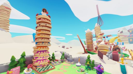 Códigos de Pancake Empire Tycoon: gigantescas torres de panqueques se alzan sobre un colorido curso de obstáculos de Roblox.