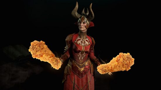 Diablo 4 KFC cosmetics are available as this sorcerer who wields a chicken drumstick in each hand knows.