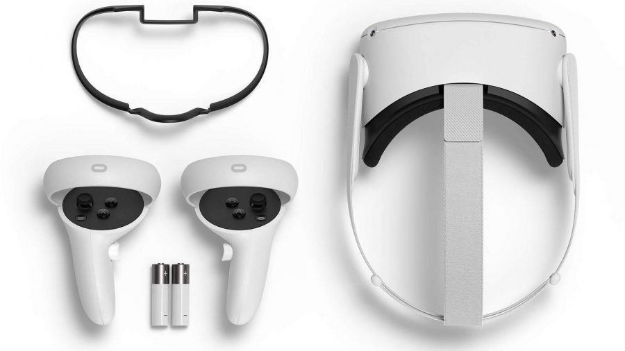Oculus Quest 2 headset and controllers sitting on white surface