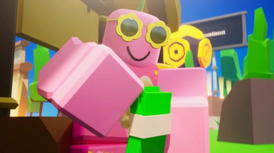 Un personaje de Roblox rosa cuenta un fajo de billetes de Robux mientras usa gafas de sol con estampado floral después de canjear los códigos de donación PLS.