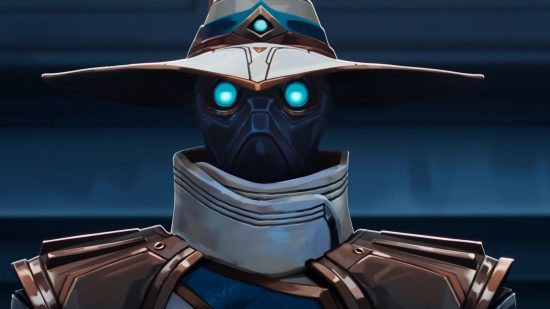 Lista de niveles de Valorant: primer plano de Cypher, un agente de rango B, cuyos ojos brillan intensamente en azul bajo el ala de su sombrero cibernético.