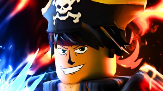 Códigos Blox Fruits: Un pirata animado con un sombrero de calavera y huesos cruzados se sienta entre destellos de rojo y azul