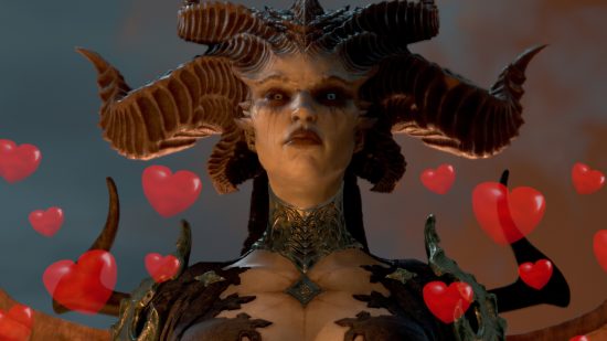Lilith, un demonio de cuernos, mirando a la cámara rodeada por corazones