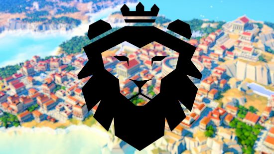 Un logotipo de cabeza de león negro con corona frente a un fondo de ciudad del Imperio Romano