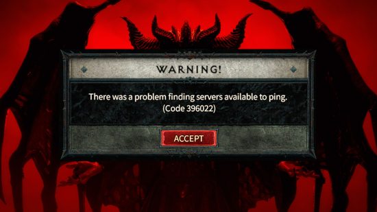 La descripción emergente del código de error 396022 de Diablo 4 que describe la falla en el ping del servidor.