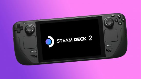 Steam Deck 2: consola portátil de Valve con el logotipo en la pantalla sobre un fondo azul y morado