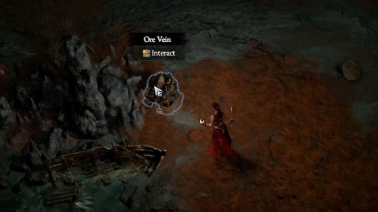 Diablo 4 resources: The player interacts with an Ore Vein in the wild in Sanctuary.