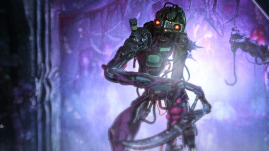 El nuevo jefe robótico de IA de Dead by Daylight parado frente a un fondo iluminado de púrpura