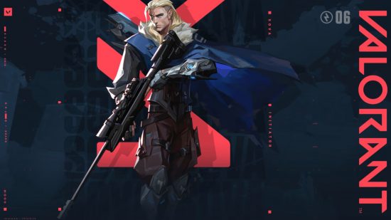 Lista de niveles de Valorant: Sova, con cabello rubio, se encuentra con su capa ondeando detrás de él, sosteniendo un rifle entre ambas manos.