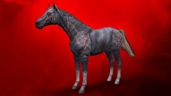 Cómo obtener los Twitch drops de Diablo 4 y la montura Instinto Primal, un caballo con marcas horádricas rojas como se muestra en la imagen.