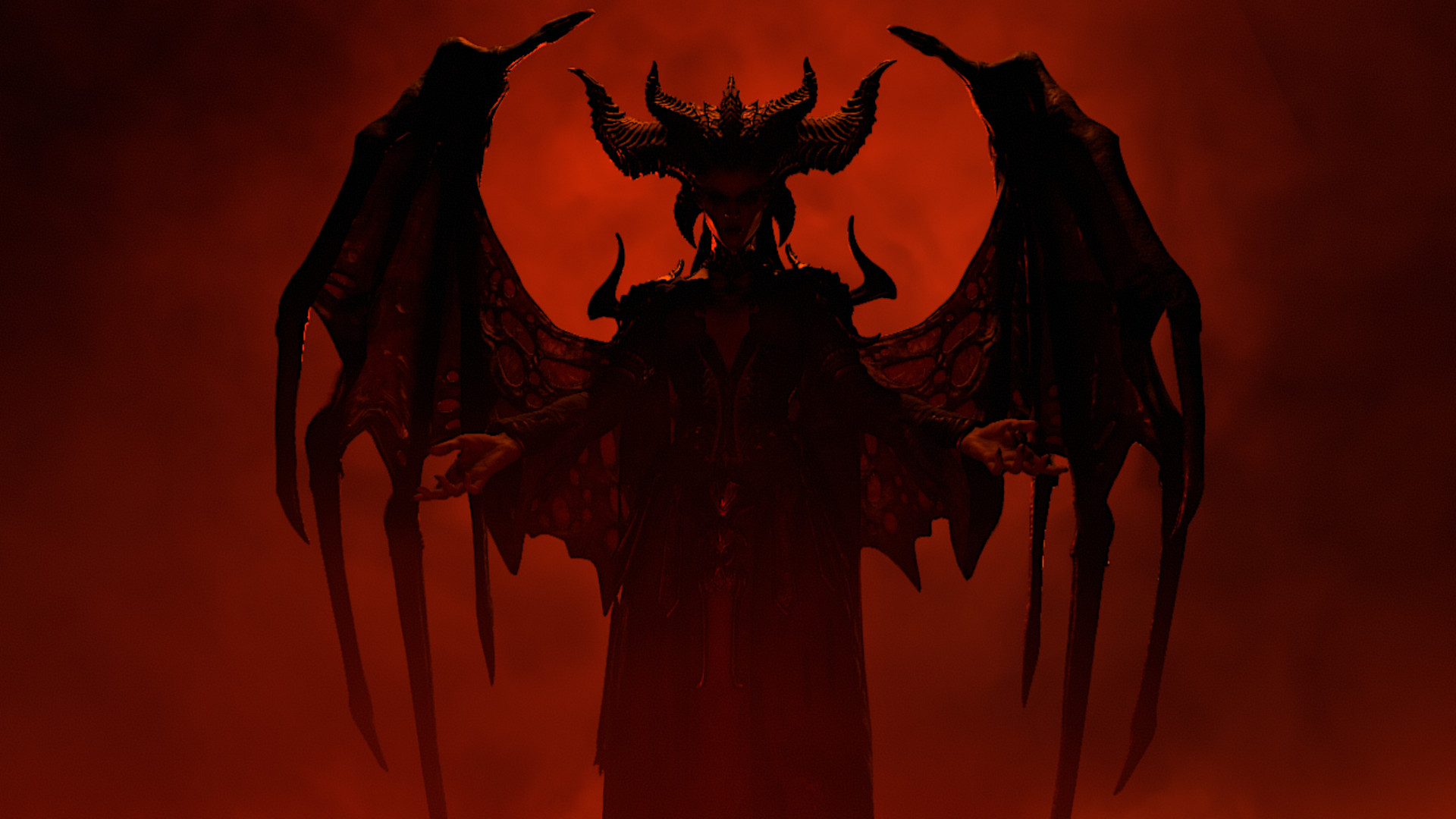 La silueta de Lilith contrasta fuertemente contra un fondo rojo sangre