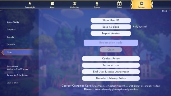 Cómo canjear códigos de Disney Dreamlight Valley captura de pantalla del menú de ayuda de configuración