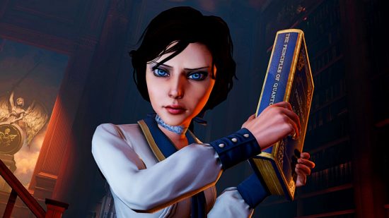 Oferta BioShock Steam - Bioshock Infinite: la imagen de una joven morena en una camisa blanca y azul amenazante con un libro de gran tamaño