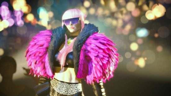 Manon is wearing a jacket with magenta feathers and retro-style shades. She is making a stylish effort to reach the top of the Street Fighter 6 tier list.