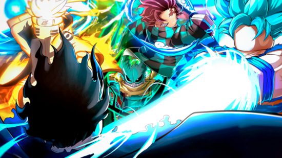 Un avatar sin rostro de Roblox de Goku Super Saiyan God disparando un rayo azul a un avatar de cabello negro al lado de Naruto.