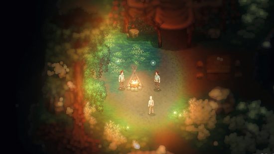 Captura de pantalla del próximo juego Drova que muestra a tres hombres alrededor de una fogata