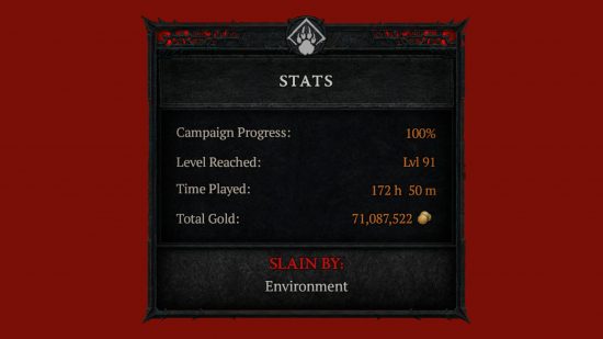 Diablo 4 - Estadísticas de Quin 69 en su druida perdido: 100% de progreso de la campaña, nivel alcanzado 91, 172 horas y 50 minutos jugados, 71,087,522 de oro obtenido. Asesinado por el entorno.