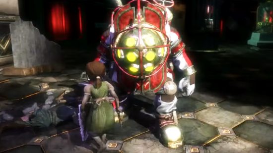 Oferta BioShock Steam - Un Big Daddy vestido de rojo está junto a una pequeña Little Sister en la ciudad submarina distópica