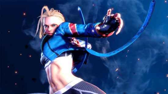Cammy is about to kick someone's face off, in a bid to reach the top of the Street Fighter 6 tier list. She is wearing a blue jacket with tassles which are flowing in the air.