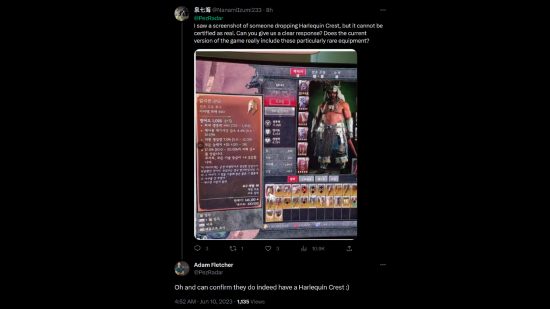 Harlequin Crest de Diablo 4 - Tweet mostrando una captura de pantalla coreana de un druida usando el objeto único, que dice: 'Vi una captura de pantalla de alguien obteniendo Harlequin Crest, pero no se puede certificar como real. ¿Pueden darnos una respuesta clara? ¿La versión actual del juego realmente incluye estos objetos particularmente raros?' La respuesta de Adam Fletcher de Blizzard es: 'Sí, caen en el juego. Oh, y puedo confirmar que realmente tienen un Harlequin Crest :)'.