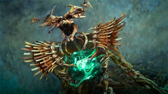 Diablo 4 Wandering Death el jefe del mundo es una figura esquelética con un cofre verde brillante.