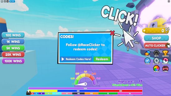 Al hacer clic en el botón de Códigos en el lado derecho, aparece la ventana para canjear los códigos de Race Clicker.
