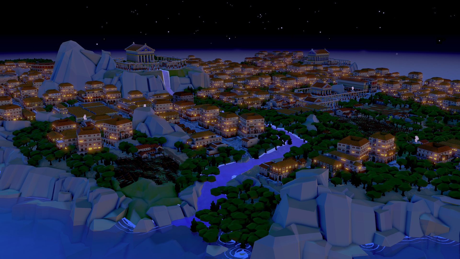 Una imagen nocturna del paisaje urbano del Imperio Romano desde Nova Roma