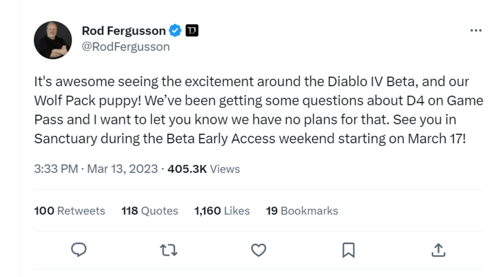 Rod Fergusson confirmando que no hay planes para Diablo 4 en Game Pass.