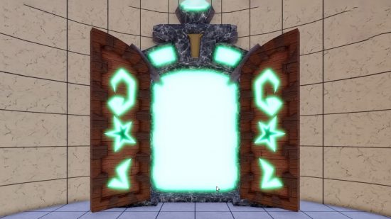 El portal de invocación de All Star Tower Defense con una abertura verde brillante y símbolos verdes a cada lado.