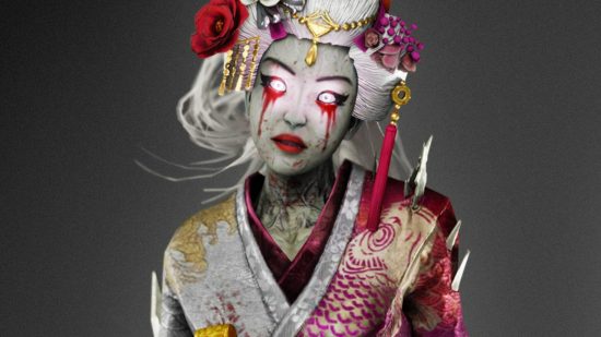 Una mujer muerta viviente con ojos blancos brillantes y cabello blanco vistiendo un vestido tradicional japonés en tonos plateados y rosados