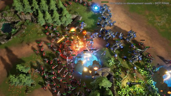 Jugabilidad multijugador de Stormgate - Fuerzas rojas y azules de la Resistencia humana chocan en el callejón entre dos bosques.