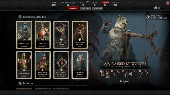 Una imagen de la tienda de Diablo 4, mostrando diferentes armaduras para cada una de las clases