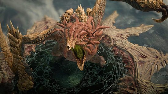 Ashava, uno de los jefes mundiales de Diablo 4, un demonio pestilente que se asemeja a un dragón plagado de plagas, vomita ácido venenoso desde su boca abierta.