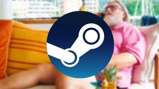 Actualización de Steam 14 de junio - Gabe Newell recostado en un sofá, haciendo una llamada telefónica con una bebida de piña junto a él. El logotipo de Steam se muestra encima.