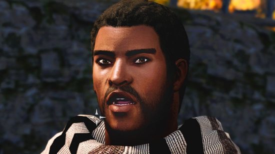 The Elder Scrolls V Skyrim mod - Nazeem, a bearded man with a large scarf, gasps in wide-eyed surprise.