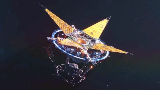 Imagen representativa de la fecha de lanzamiento de Starfield: una estación espacial con paneles dorados, capturando energía de un sol